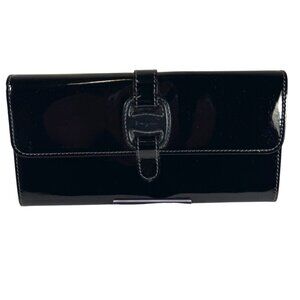 SALVATORE FERRAGAMO BLACK PATENTED LEATERH BLACK SHINNING CONTINENTAL WALLET